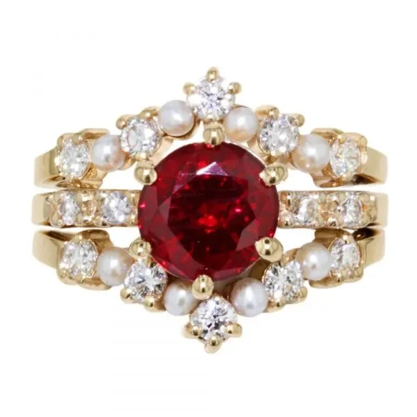 Ladies bird flight wedding rings -Ruby engagement ring with seed pearl bands