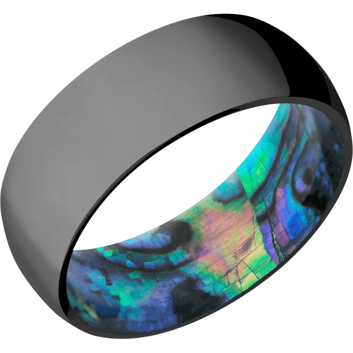 Ladies engraved sentiment rings -8mm wide Domed Black Titanium Ring with Polish Finish / Abalone Sleeve