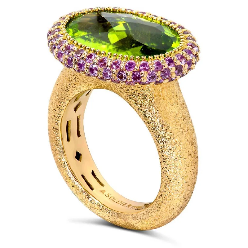 Ladies sleek band rings -Gold Cocktail Ring with Peridot & Pink Sapphire