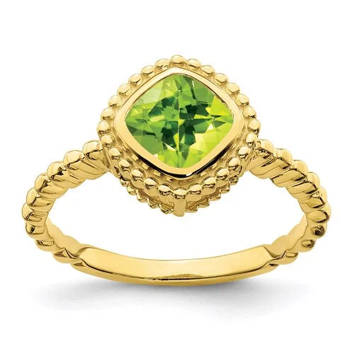 Ladies desert dune rings -10k or 14k Yellow Gold Cushion Peridot Bezel Set Beaded Design Ring