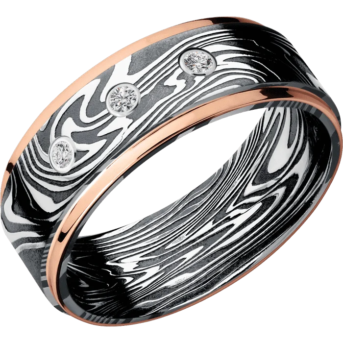 Ladies rare find rings -8mm wide Flat Grooved Edges Kinetic Damascus Steel Ring with Tumble Kuro Damascus Finish / Two 1mm Edge 14k Rose Gold Inlay with Polish Finish / 3 Round .03 carat Standard Lab Grown Diamond Bezel-Set Gemstones