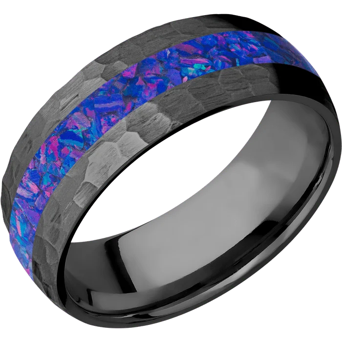 Ladies memory gleam rings -8mm wide Domed Black Titanium Ring with Hammer Finish / One 3mm Centered Purple Opal Inlay