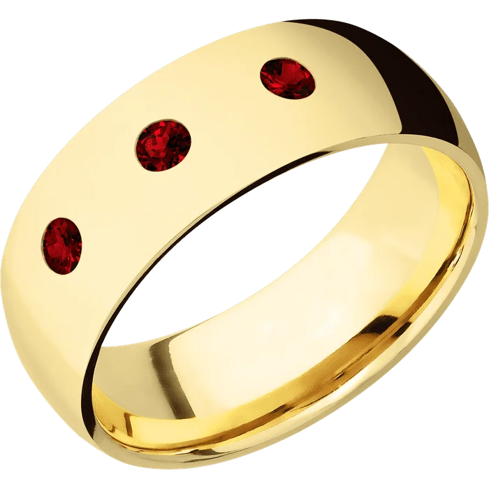 Ladies snowy white rings -8mm wide Domed 18k Yellow Gold Ring with Polish Finish / 3 Round .1 carat Dark Ruby Flush-Set Gemstones