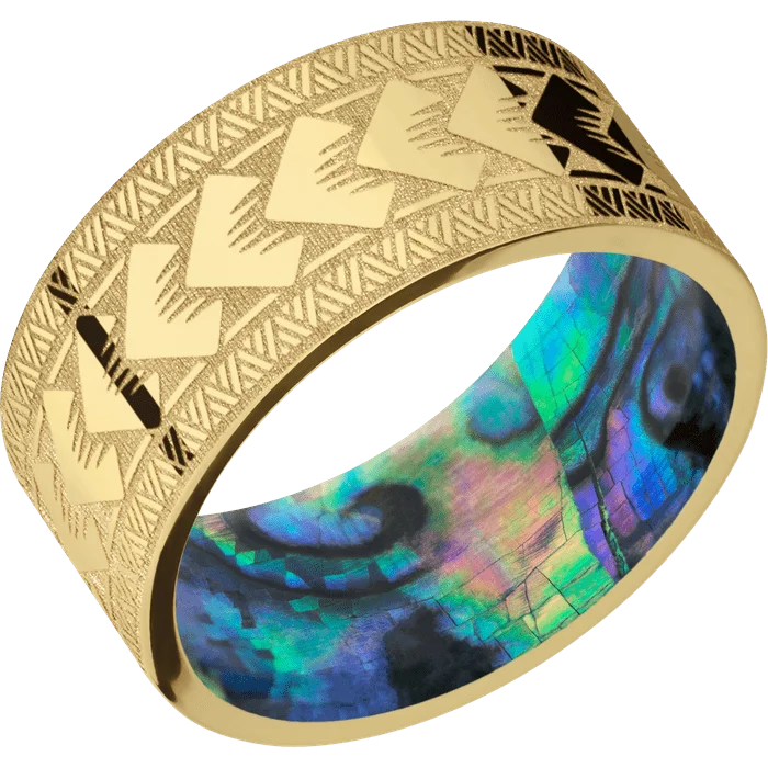 Ladies satin finish rings -10mm wide Flat 14k Yellow Gold Ring with Polish Finish / Maori Design / Abalone Sleeve