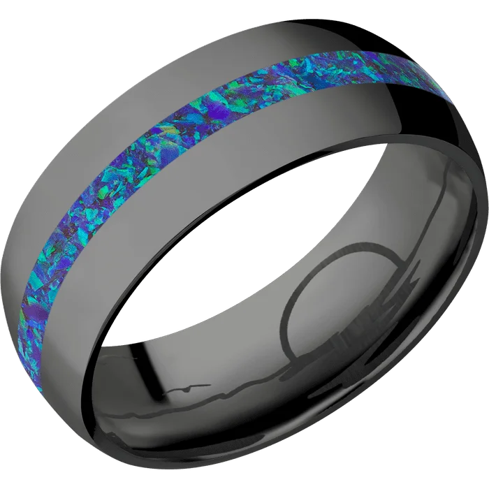 Ladies thick flair rings -8mm wide Domed Black Titanium Ring with Polish Finish / One 2mm Centered Pacific Sapphire Opal Inlay / None Interior Pattern