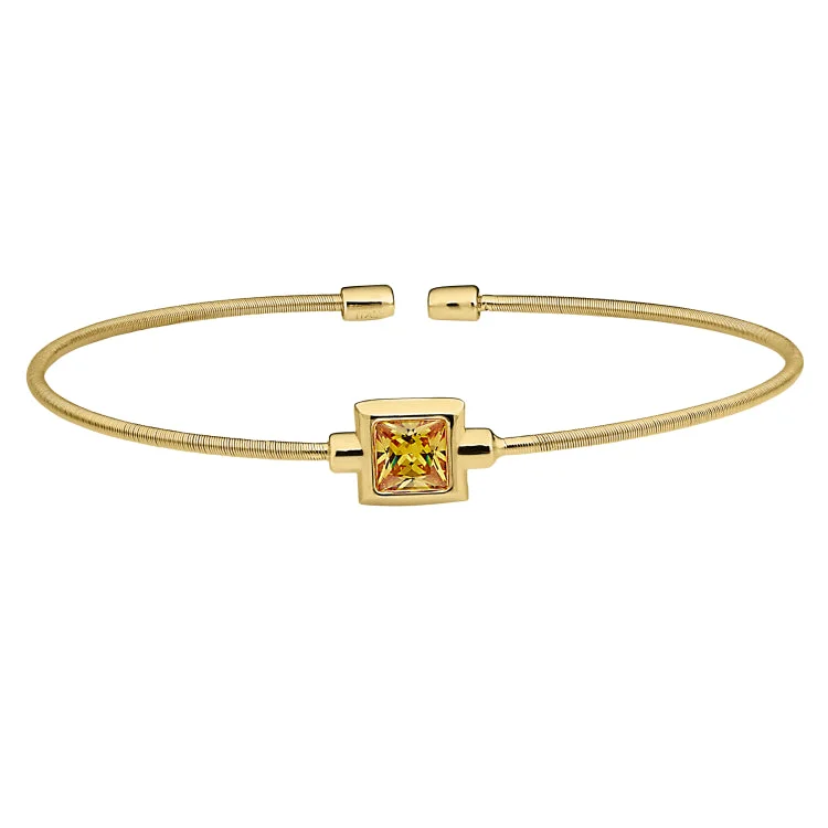 mixed metal bracelets for women -Gold Finish Sterling Silver Cable Cuff Bracelet with Princess Cut Simulated Citrine Birth Gem