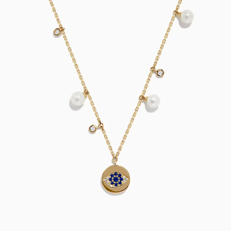 Ladies Necklaces with Blue Sapphire-14K Gold Fresh Water Pearl, Sapphire and Diamond Evil Eye Necklace