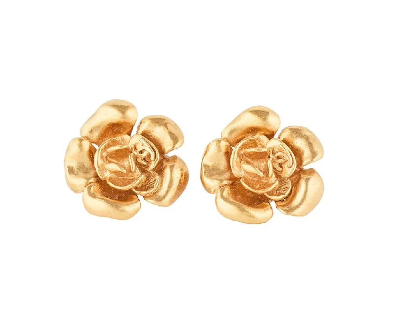 Ladies astrology charm earrings -Vintage Chanel Paris Camellia Flower Clip On Earrings