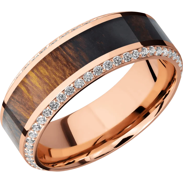 Ladies perfect balance rings -8mm wide High Bevel 14k Rose Gold Ring with Polish Finish / Bevel Eternity Round .01 carat Lab Grown Diamond Bead-Set Gemstones / One 4mm Centered Desert Iron Wood Inlay