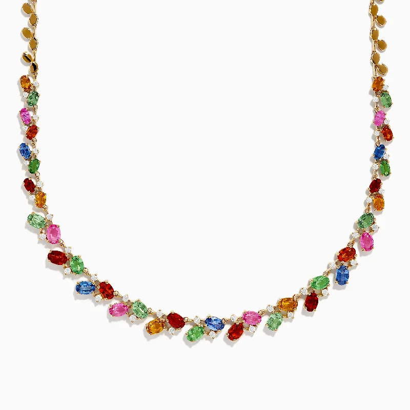 Ladies Necklaces with Moon Spark-Watercolors 14K Yellow Gold Multi Sapphire and Diamond Necklace