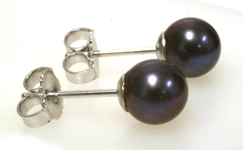 Ladies single hue earrings -14K White Gold Black Pearl Stud Earrings 6x6.5MM