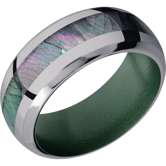 Ladies budget sparkle rings -9mm wide Domed Bevel Tantalum Ring with Polish Finish / One 4mm Centered Black Mother of Pearl Inlay / Eastern Green Cerakote Sleeve