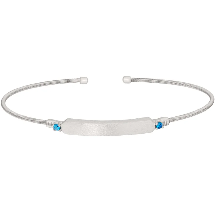 silver charm bracelets for women custom -Rhodium Finish Sterling Silver Cable Cuff Bracelet with Name Plate and Simulated Blue Zircon Birth Gems - December