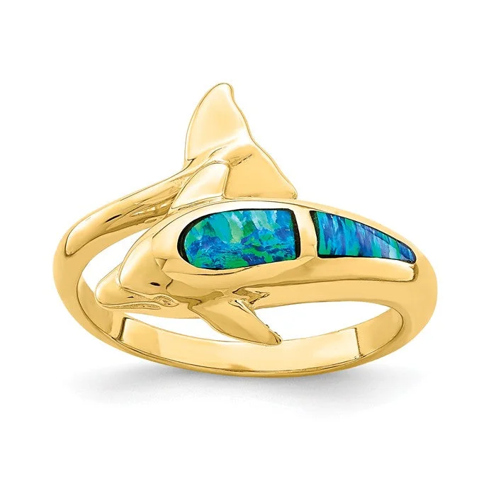 Ladies snug fit rings -14k Yellow Gold Blue Created Opal Dolphin Wrap Ring