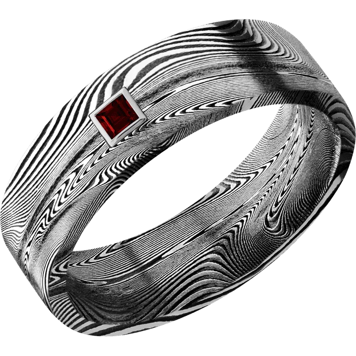 Ladies chunky statement rings -7mm wide Flat Tightweave Damascus Steel Ring with Tumble Kuro Damascus Finish / 1 Princess .1 carat Dark Ruby Bezel-Set Gemstones