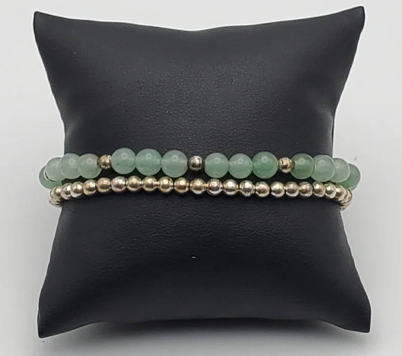 affordable bracelets for women budget -Vintage Jade and Silver Tone Bead Double Strand Bracelet - 7"