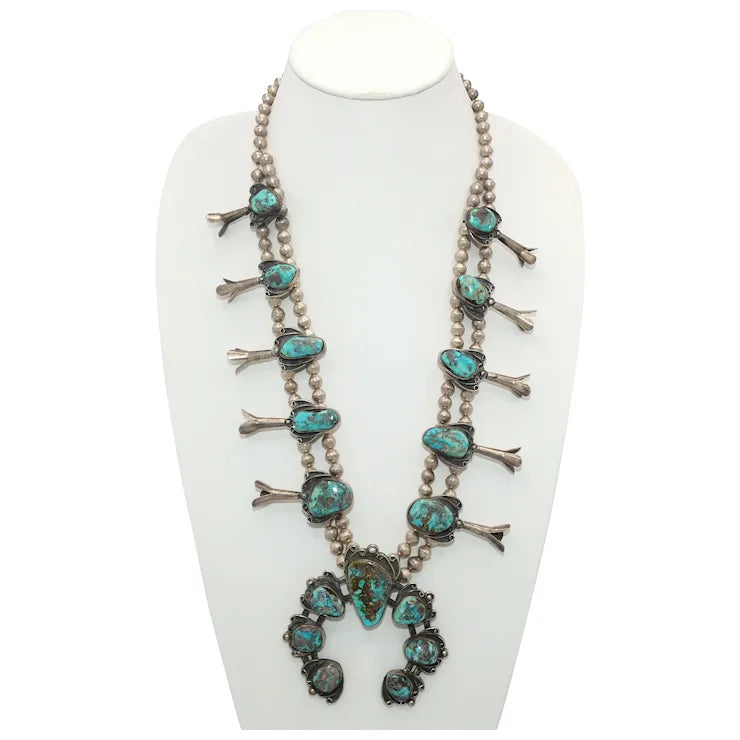 Ladies Necklaces with Clear Natrolite-Vintage Squash Blossom Bisbee Turquoise Necklace