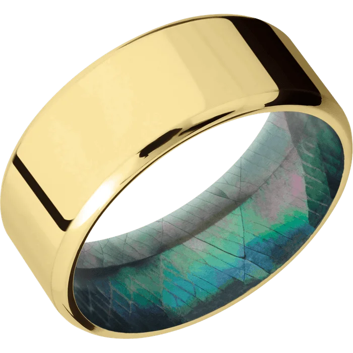 Ladies 22K gold shine rings -9mm wide Beveled 10k Yellow Gold Ring with Polish Finish / Black Mother of Pearl Sleeve