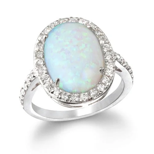 Ladies dazzling party rings -Sterling Silver CZ 12x10mm Oval Created White Opal Ring - Size 7