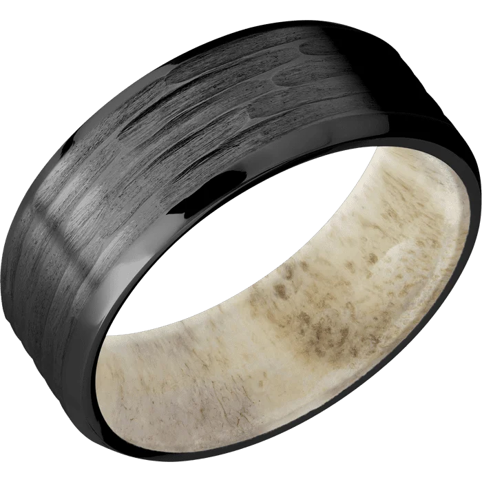 Ladies horse gallop rings -8mm wide Beveled Black Titanium Ring with Treebark H Finish / Antler Sleeve