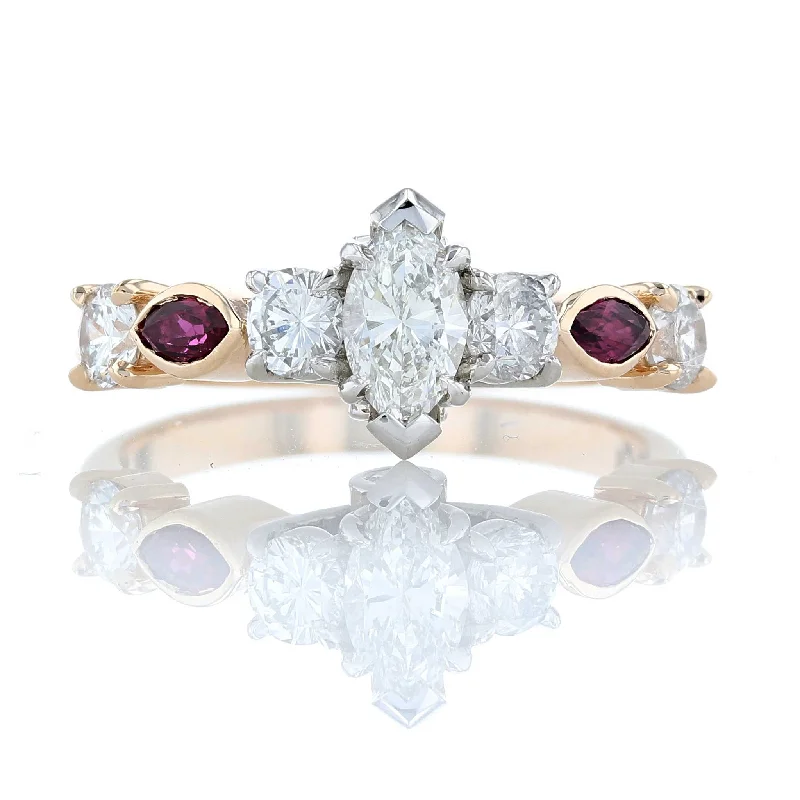 Ladies textured platinum wedding rings -Two Tone Ruby & Marquise Diamond Engagement Ring