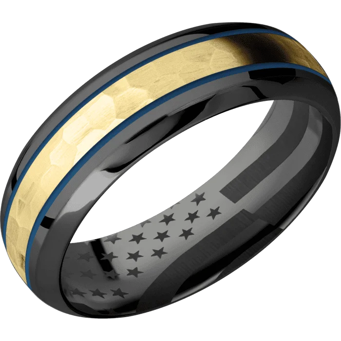 Ladies fine thread rings -7mm wide Domed Bevel Black Titanium Ring with Polish Finish / One 3mm Centered 18k Yellow Gold Inlay with Hammer Finish and Ridgeway Blue Cerakote Accents / None Interior Pattern