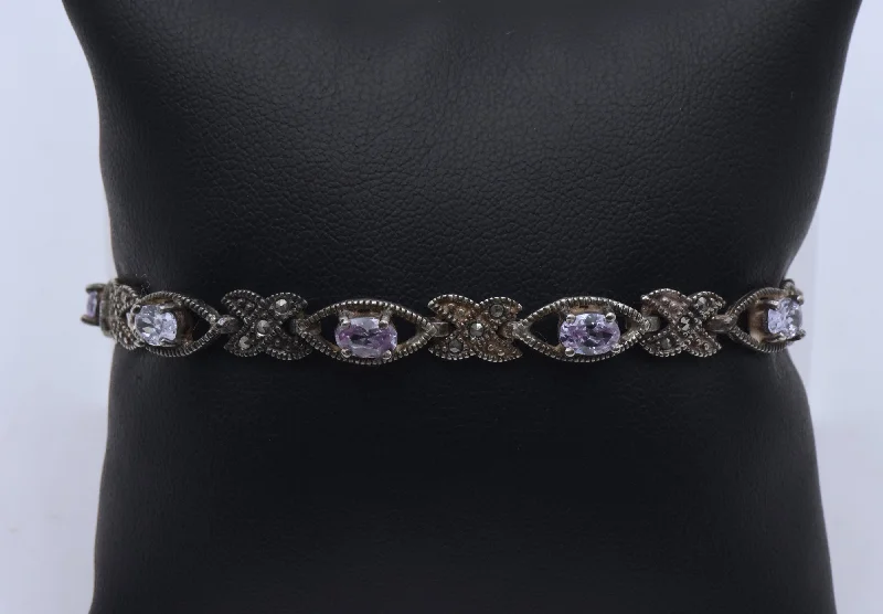 ladies silver bracelets onyx stones -Vintage Sterling Silver Purple Cubic Zirconia and Marcasite Link Bracelet