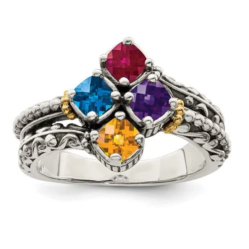 Ladies Valentine’s glow rings -Sterling Silver & 14k Gold 4mm Cushion Mother's Family Birthstone Ring