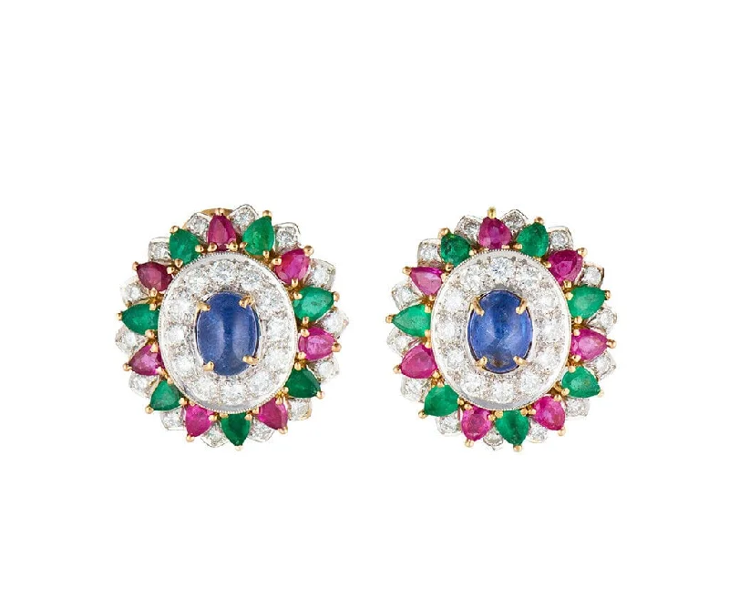 Ladies twinkling star earrings -Sapphire Ruby Emerald and 3.00ctw Diamond Omega Back Earrings in 18K