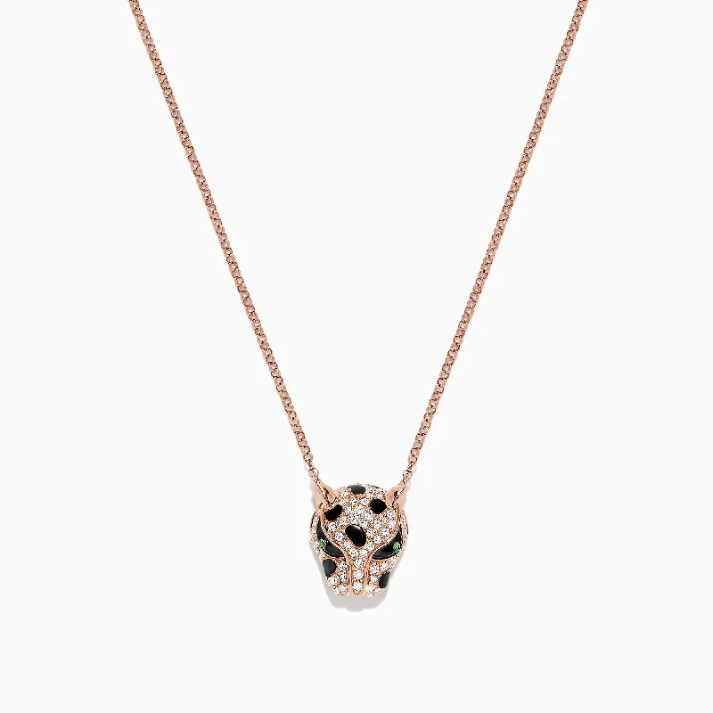 Ladies Necklaces Soft Shine-Signature 14K Rose Gold Diamond and Tsavorite Panther Head Necklace, 0.33 TCW