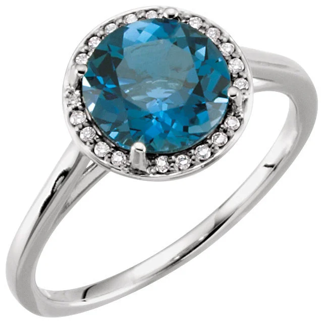 Ladies angular geometric rings -14k Gold London Blue Topaz .05CTW Diamond Halo Ring