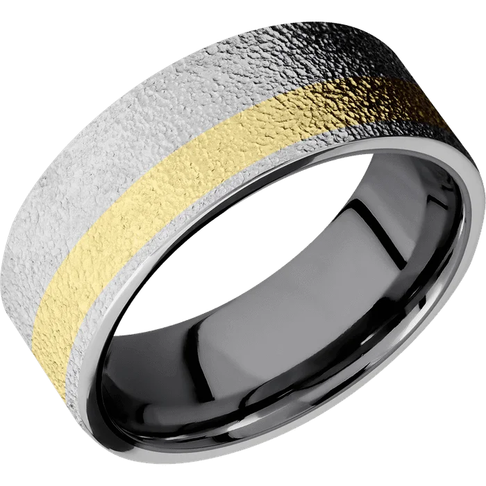 Ladies Victorian bloom rings -8mm wide Flat Platinum Ring with Stipple Finish / One 3mm Off Center 18k Yellow Gold Inlay / Tantalum Sleeve