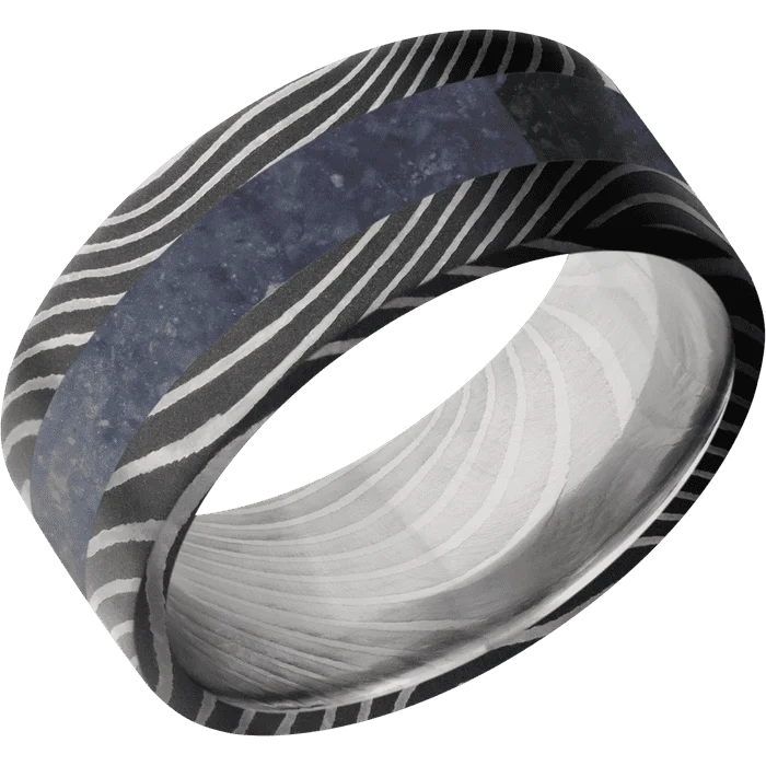 Ladies oval shine rings -9mm wide Flat Flattwist Damascus Steel Ring with Acid Damascus Finish / One 4mm Centered Sodalite Inlay