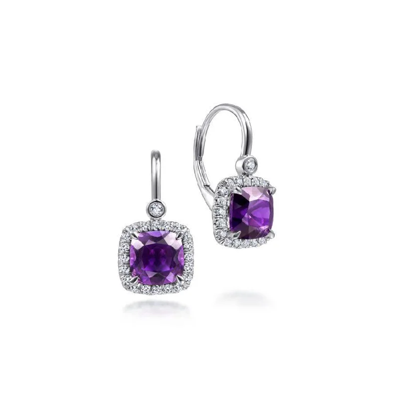 Ladies cosmic charm earrings -Gabriel & Co. - EG13953W45AM - 14K White Gold Cushion Cut Amethyst and Diamond Halo Drop Earrings