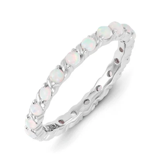 Ladies textured leather rings -Sterling Silver Stackable Expressions Created Opal Eternity Ring