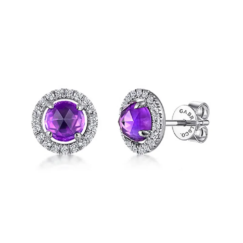 Ladies astral gleam earrings -Gabriel & Co 14K White Gold Round Amethyst and Diamond Halo Stud Earrings