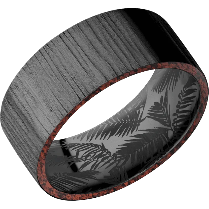 Ladies fine thread rings -9mm wide Flat Black Titanium Ring with Treebark 1 Finish / Two 1mm Side Red Dinosaur Bone Inlay / None Interior Pattern