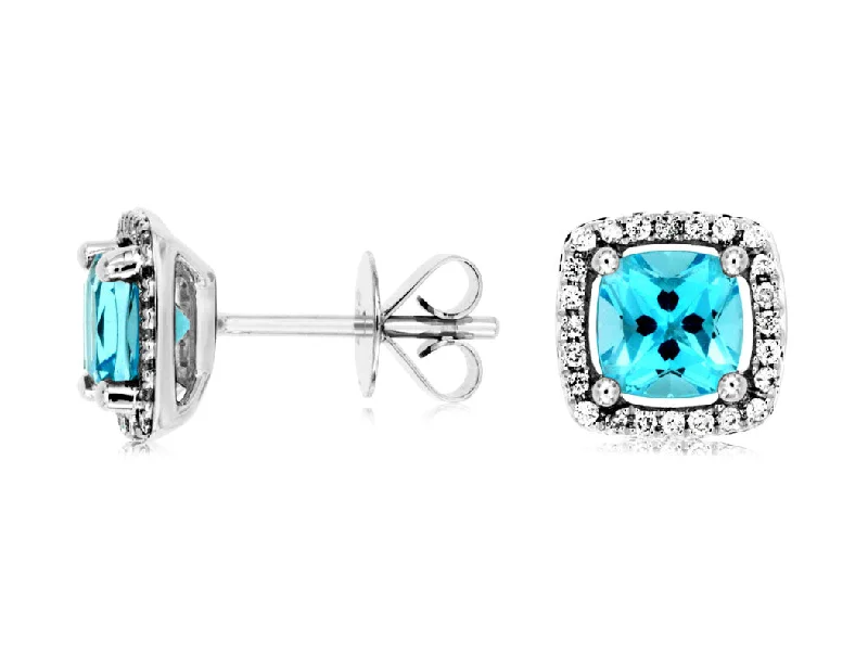 Ladies premium shine earrings -14K White Gold Cushion Cut Blue Topaz with Diamond Halo Stud Earrings