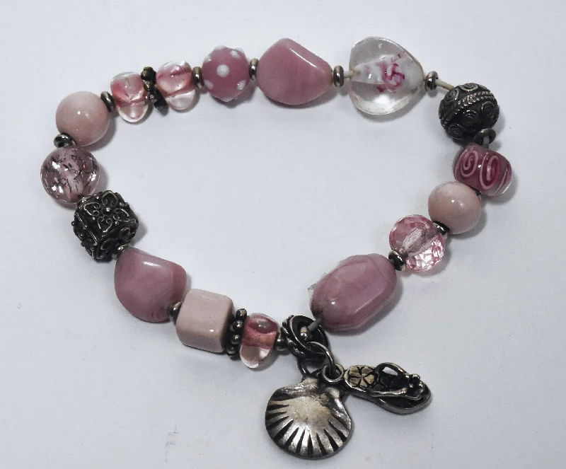 ladies silver bracelets ruby stones -Pink Glass Beaded Bracelet with Charms