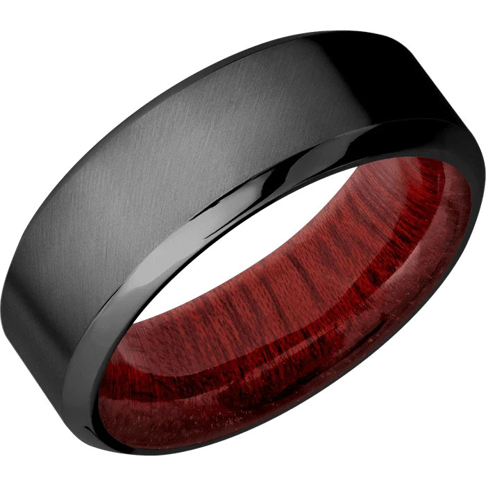 Ladies resilient steel rings -8mm wide High Bevel Black Titanium Ring with Angle Satin Finish / Blood Wood Sleeve