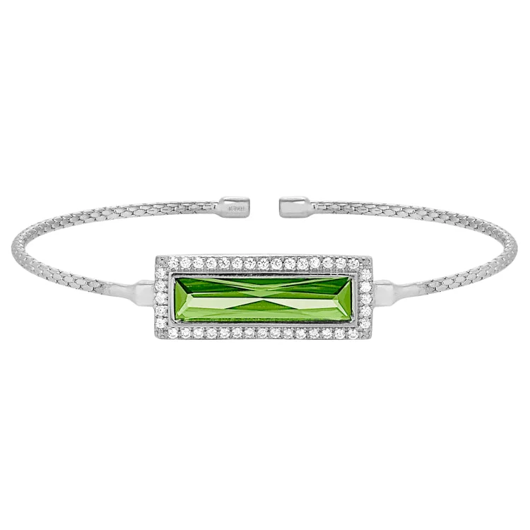 silver wave bracelets for women -Rhodium Finish Sterling Silver Cable Cuff Bracelet with Rectangular Simulated Peridot Stone and Simulated Diamonds