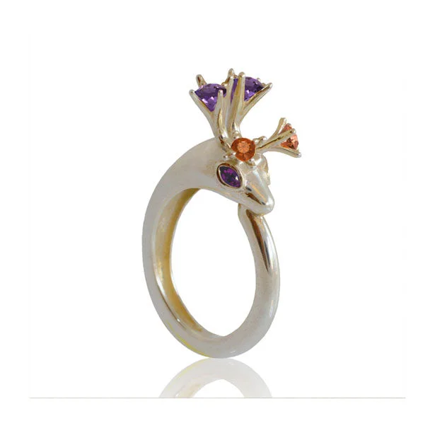 Ladies verdant emerald wedding rings -My deer engagement ring, sterling silver, Citrine, Amethyst gemstones.