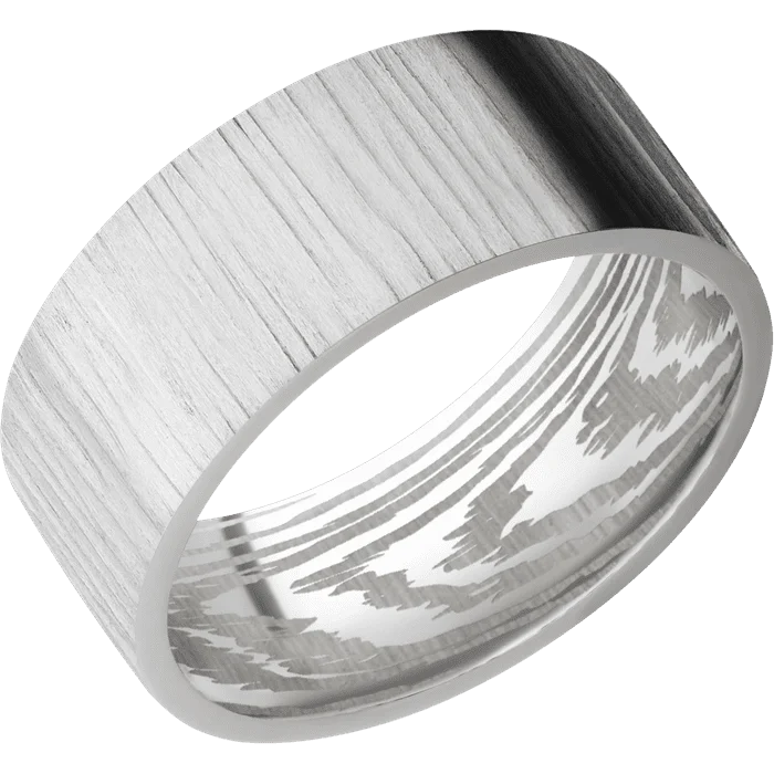 Ladies hippie soul rings -9mm wide Flat 14k White Gold Ring with Treebark 1 Finish / None Interior Pattern