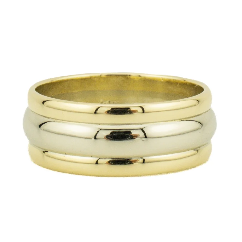 Ladies pristine white wedding rings -7.5mm Wide Tripple Gold Wedding Band Ring in 14K Two Tone Gold - Size 7.75