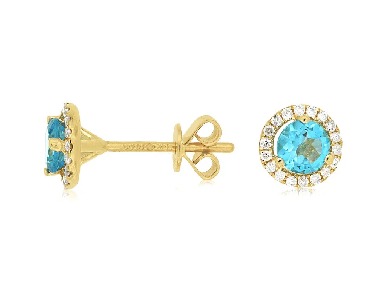 Ladies radiant glitter earrings -14k Yellow Gold Halo Round Blue Topaz and Diamond Earrings c6404b