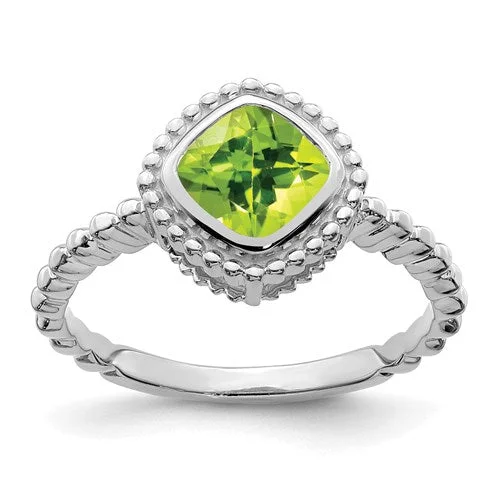 Ladies lavish gold rings -10k or 14k White Gold Cushion Peridot Bezel Set Beaded Design Ring