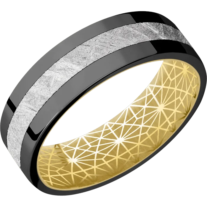 Ladies peaceful jade rings -7mm wide Flat Black Titanium Ring with Polish Finish / One 3mm Centered Meteorite Inlay / 18k Yellow Gold Sleeve / None Interior Pattern