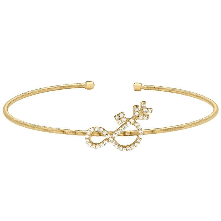 ladies gold bracelets feather charms -Gold Finish Sterling Silver Cable Cuff Ampersand Bracelet with Simulated Diamonds