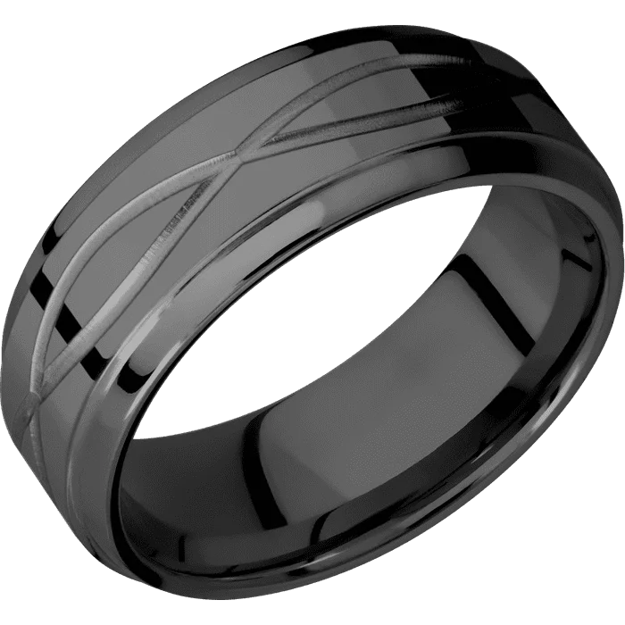 Ladies tranquil sapphire rings -8mm wide Stepped Bevel Black Titanium Ring with Polish Finish / Infinity Design