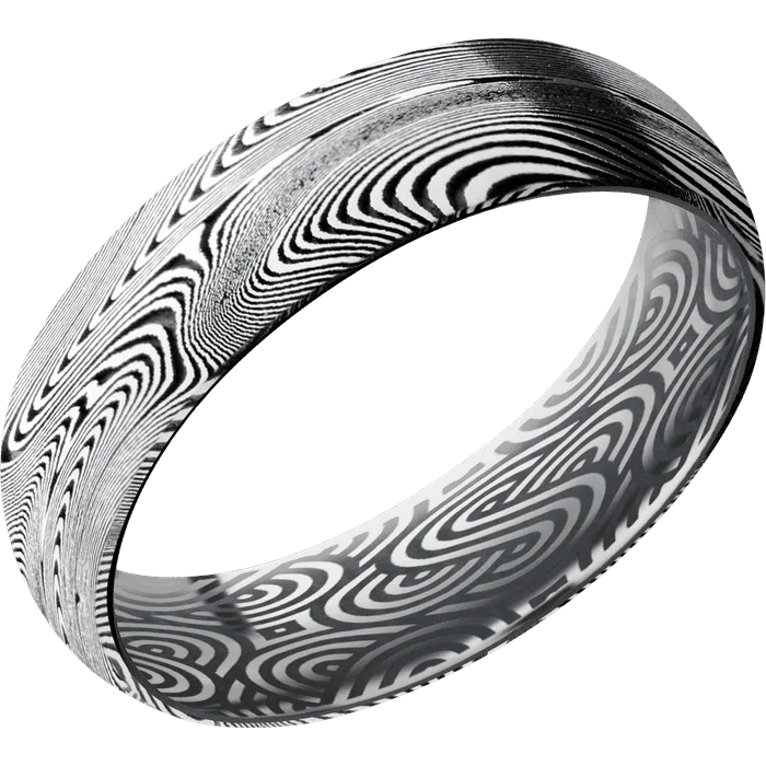 Ladies night shimmer rings -6mm wide Domed Tightweave Damascus Steel Ring with Tumble Kuro Damascus Finish / Tantalum Sleeve / None Interior Pattern